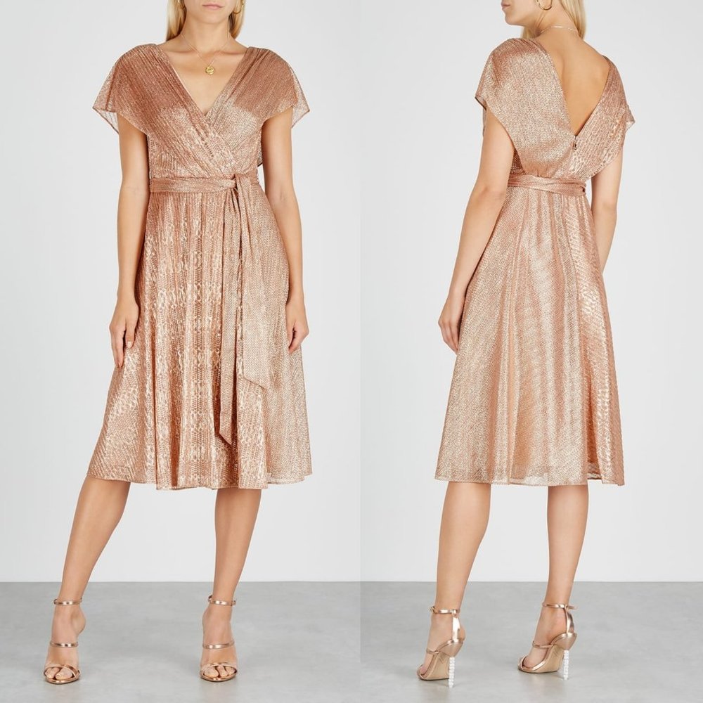 Alice & Olivia Darva Rose Gold Wrap Midi Dress